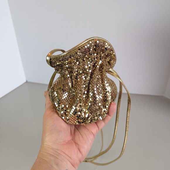 Whiting And Davis Vintage Gold Mesh Mini Drawstring Bucket Bag Disco Metallic - Picture 2 of 7